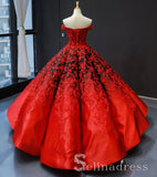 Real Picture Red Satin Off The Shoulder Appliqued Long Formal Prom Dress Ball Gown SED070