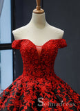 Real Picture Red Satin Off The Shoulder Appliqued Long Formal Prom Dress Ball Gown SED070