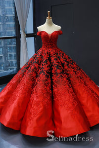 Real Picture Red Satin Off The Shoulder Appliqued Long Formal Prom Dress Ball Gown SED070|Selinadress
