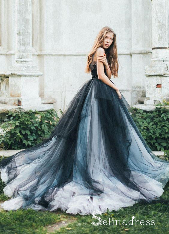 Romantic Black Wedding Dresses Modest Long Train Lace Ombre Wedding Gown SEW030 Romantic Black Wedding Dresses Modest Long Train Lace Ombre Wedding Gown SEW030