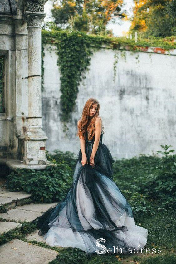 Romantic Black Wedding Dresses Modest Long Train Lace Ombre Wedding Gown SEW030 Romantic Black Wedding Dresses Modest Long Train Lace Ombre Wedding Gown SEW030