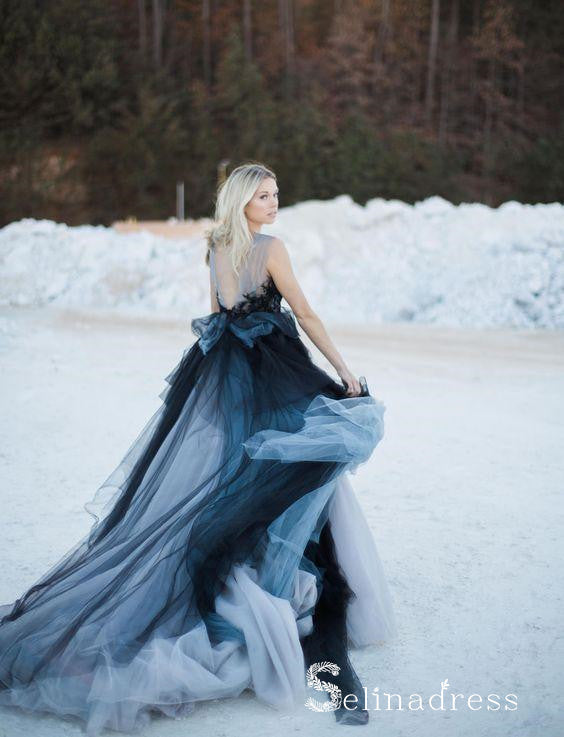 Romantic Black Wedding Dresses Modest Long Train Lace Ombre Wedding Gown SEW030 Romantic Black Wedding Dresses Modest Long Train Lace Ombre Wedding Gown SEW030