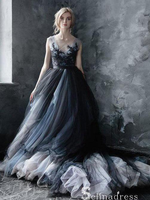 Romantic Black Wedding Dresses Modest Long Train Lace Ombre Wedding Go – SELINADRESS