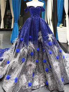 Royal Blue Off Shoulder Evening Dresses Ball Gown Sequined Formal Gown #SED210