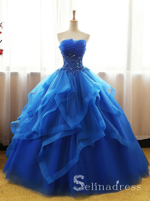 Royal Blue Strapless Lace Long Prom Dress Ball Gown Evening Dress SED109