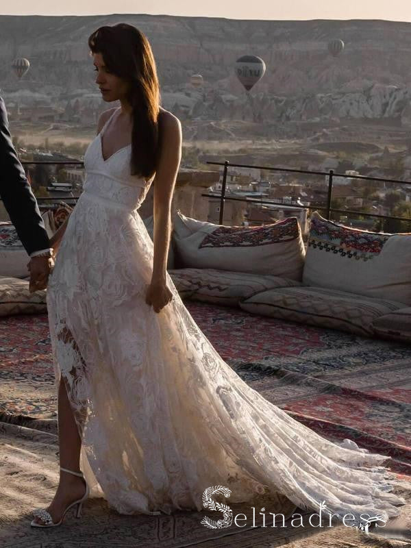 Rustic Rose Lace Wedding Dresses Sweep Train Beach Spaghetti Strap Boho Wedding Dress SEW006|Selinadress SELINADRESS Rustic Rose Lace Wedding Dresses Sweep Train Beach Spaghetti Strap Boho Wedding Dress SEW006|Selinadress SELINADRESS
