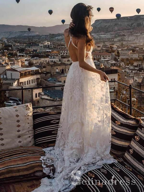 Rustic Rose Lace Wedding Dresses Sweep Train Beach Spaghetti Strap Boho Wedding Dress SEW006|Selinadress SELINADRESS Rustic Rose Lace Wedding Dresses Sweep Train Beach Spaghetti Strap Boho Wedding Dress SEW006|Selinadress SELINADRESS