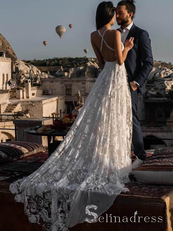 Rustic Rose Lace Wedding Dresses Sweep Train Beach Spaghetti Strap Boho Wedding Dress SEW006|Selinadress SELINADRESS Rustic Rose Lace Wedding Dresses Sweep Train Beach Spaghetti Strap Boho Wedding Dress SEW006|Selinadress SELINADRESS