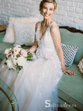 Rustic V neck Wedding Dresses Applique Lace Cheap Bridal Gown SEW023
