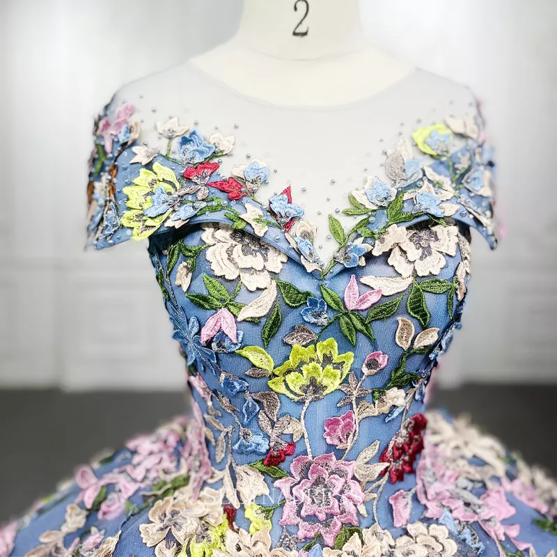 Scoop Neck Blue Flower Elegant Gowns For Evening Women Dress Short Sle SELINADRESS Scoop Neck Blue Flower Elegant Gowns For Evening Women Dress Short Sle SELINADRESS