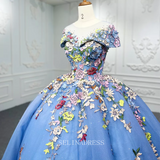 Scoop Neck Blue Flower Elegant Gowns For Evening Women Dress Short Sleeve Ball Gown Dress LS9942 Selinadress