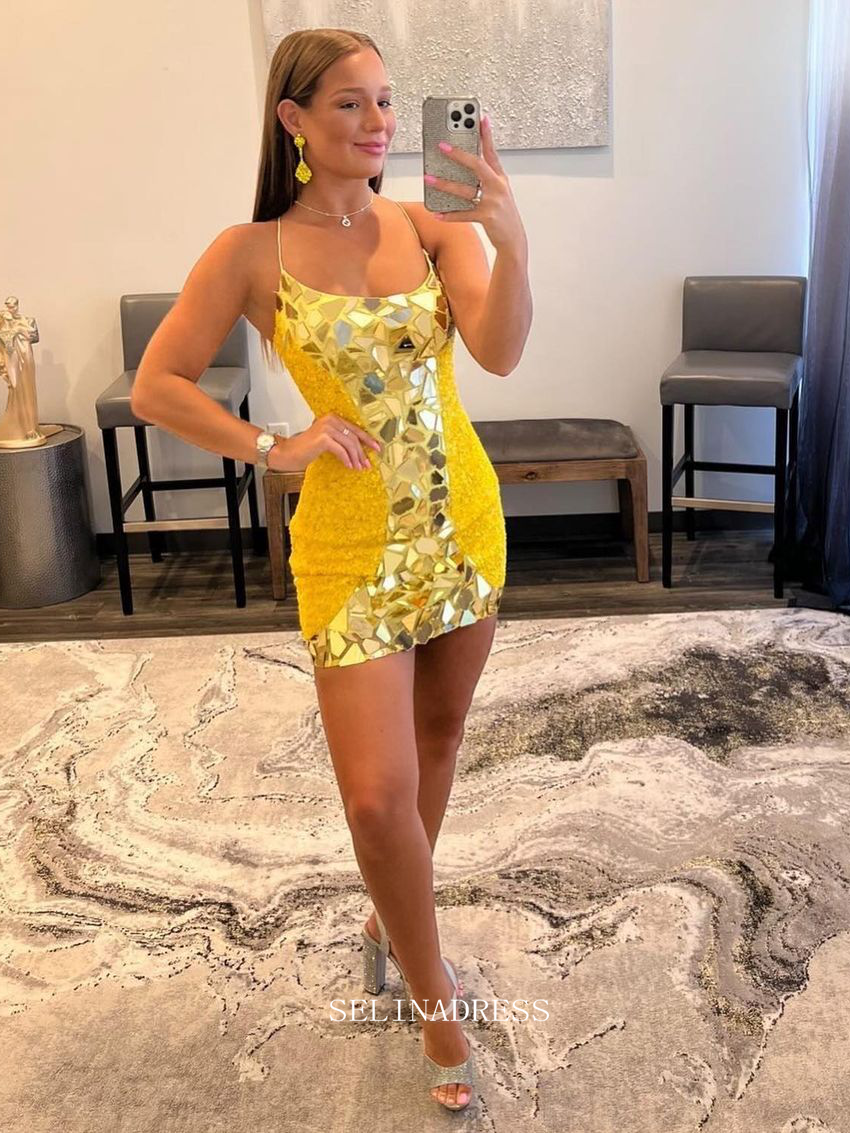 Scoop Spaghetti Straps Yellow Homecoming Dresses Sparkly Short Prom Dr SELINADRESS Scoop Spaghetti Straps Yellow Homecoming Dresses Sparkly Short Prom Dr SELINADRESS