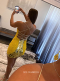 Scoop Spaghetti Straps Yellow Homecoming Dresses Sparkly Short Prom Dress Sequins Cocktail Dresses #TKL085|Selinadress