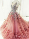 A-line Pink V neck Princess Long Prom Dress Evening Gown With Beading SED057