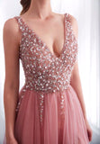 Chic Blush Pink V neck BeautifulLong Prom Dresses With Rhinestone Evening Dresses  #SED270