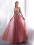 Chic Blush Pink V neck BeautifulLong Prom Dresses With Rhinestone Evening Dresses  #SED270