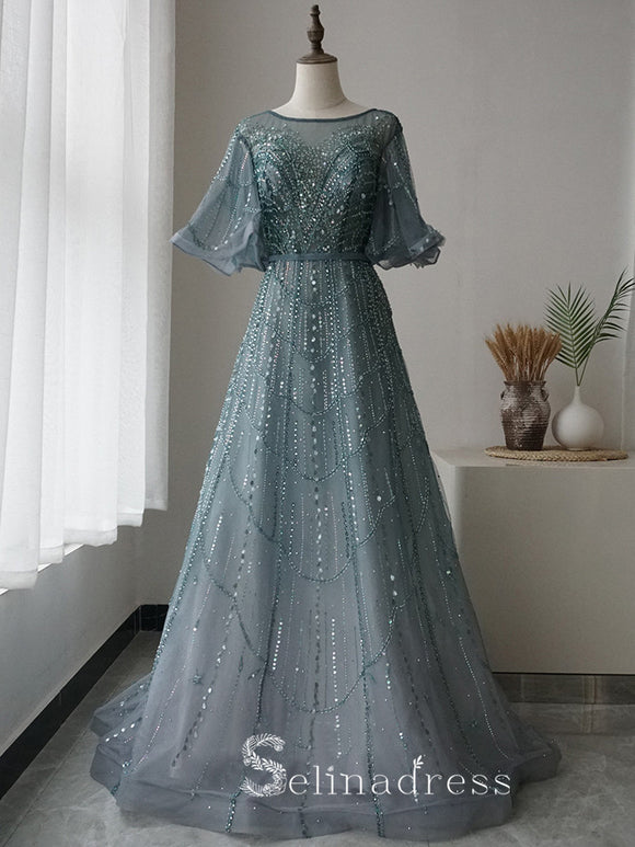 Selinadres Bateau Beaded Long Prom Dress Luxurious Evening Formal Gown SC058