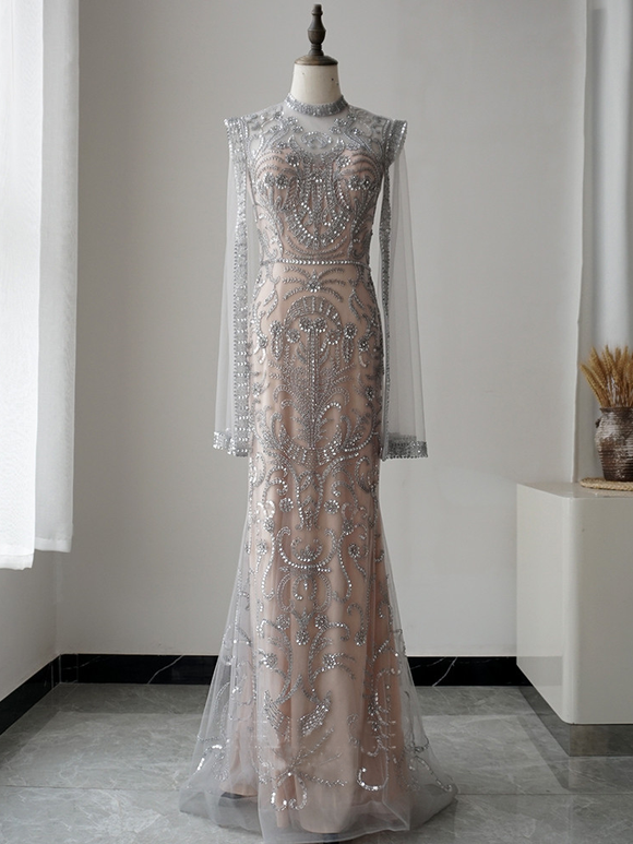 Selinadres High Neck Beaded Long Prom Dress Dubai Evening Formal Gown CBD009
