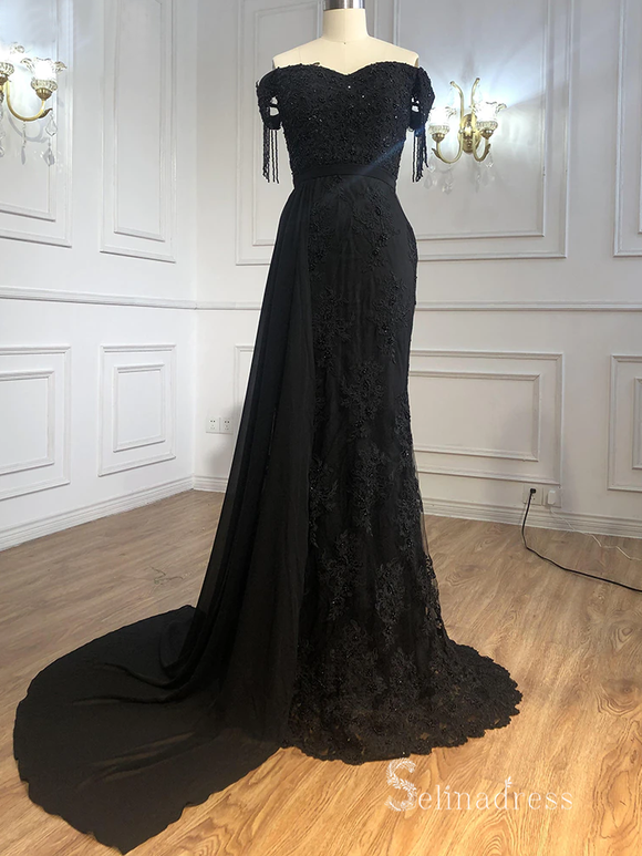 Selinadres Off-the-shoulder Lace Long Prom Dress Black Evening Gown CBD003