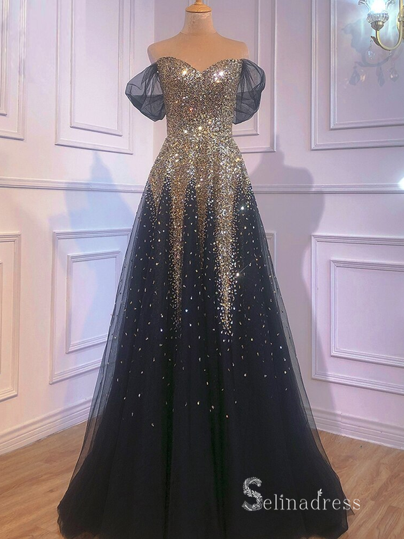Selinadres Off-the-Shoulder Sequins Long Prom Dress Sparkly Evening Gown CBD005