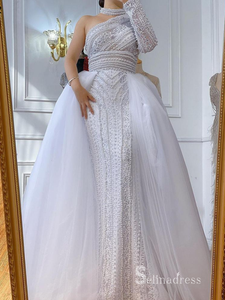 Selinadres One Shoulder Beaded Long Prom Dress White Evening Gown CBD004