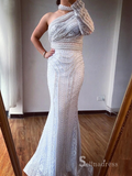 Selinadres One Shoulder Beaded Long Prom Dress White Evening Gown CBD004
