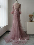 Selinadres Scoop Long Sleeve Beaded Long Prom Dress Luxurious Evening Formal Gown SC101