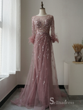 Selinadres Scoop Long Sleeve Beaded Long Prom Dress Luxurious Evening Formal Gown SC101