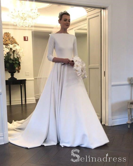 A-line 3/4 Sleeve Bateau Wedding Dresses White Satin Princess Wedding SELINADRESS A-line 3/4 Sleeve Bateau Wedding Dresses White Satin Princess Wedding SELINADRESS