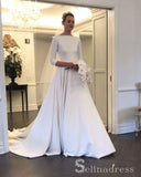A-line 3/4 Sleeve Bateau Wedding Dresses White Satin Princess Wedding Dress SEW057