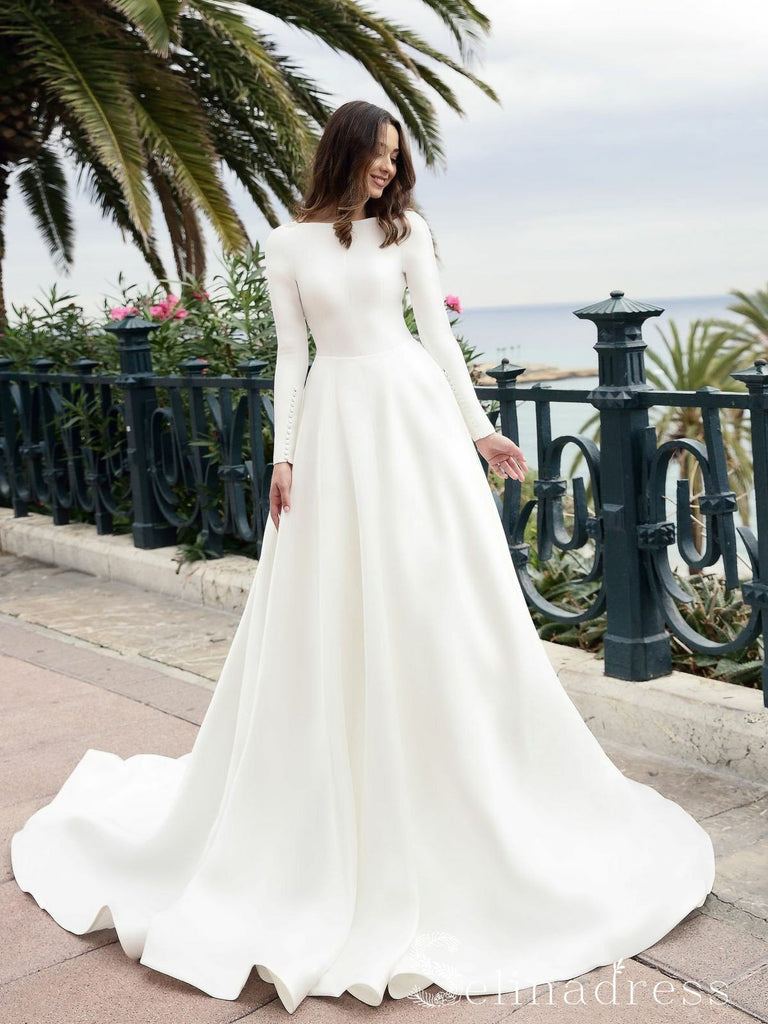 satin long sleeve backless wedding dress Stretch Crepe Long Sleeve Wedding Dress,Fitted Backless Bridal Gown,WD01050, US8 / White
