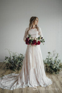 A-line Long Sleeve Rustic Lace Wedding Dresses With Sweep Train Wedding Dress SEW059