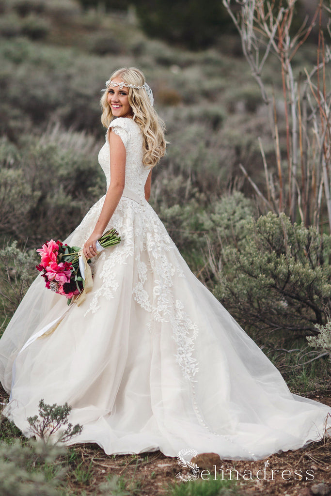 A-line V-neck Lace Rustic Country Wedding Dresses With Short Sleeves SEW063  – SELINADRESS