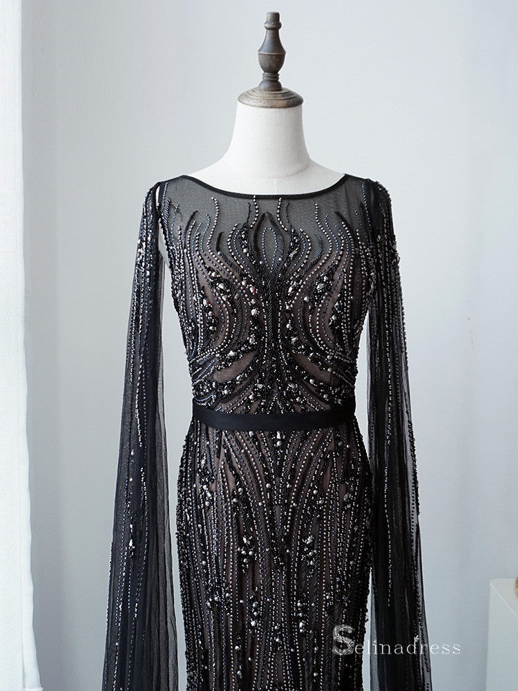 black dubai formal dress Luxury Dubai Black Feathers Evening Dresses SS401, Black / 4