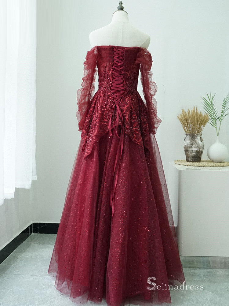 Selinadress Burgundy Long Sleeve Long Prom Dress Formal Evening Gowns SELINADRESS Selinadress Burgundy Long Sleeve Long Prom Dress Formal Evening Gowns SELINADRESS