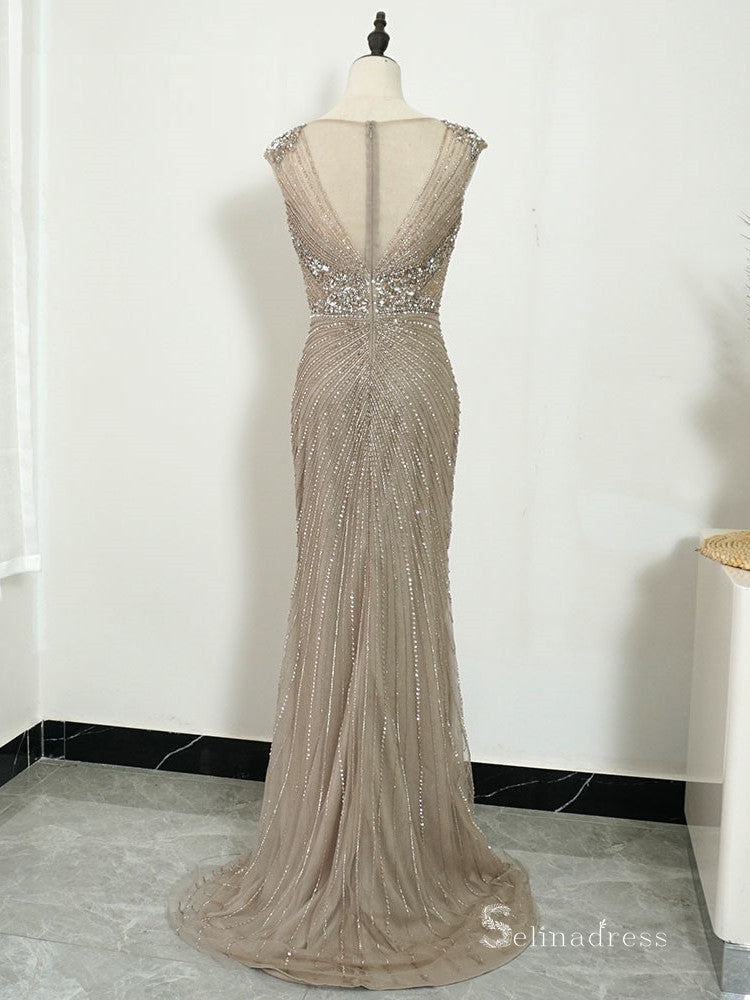 Champagne sequin v neck tulle long prom dress, sequin evening dress –  shdress