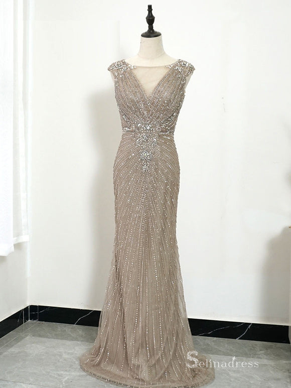 Selinadress Dubai Luxury Bateau Champagne Prom Dress Evening Dress Formal Gown SC0106