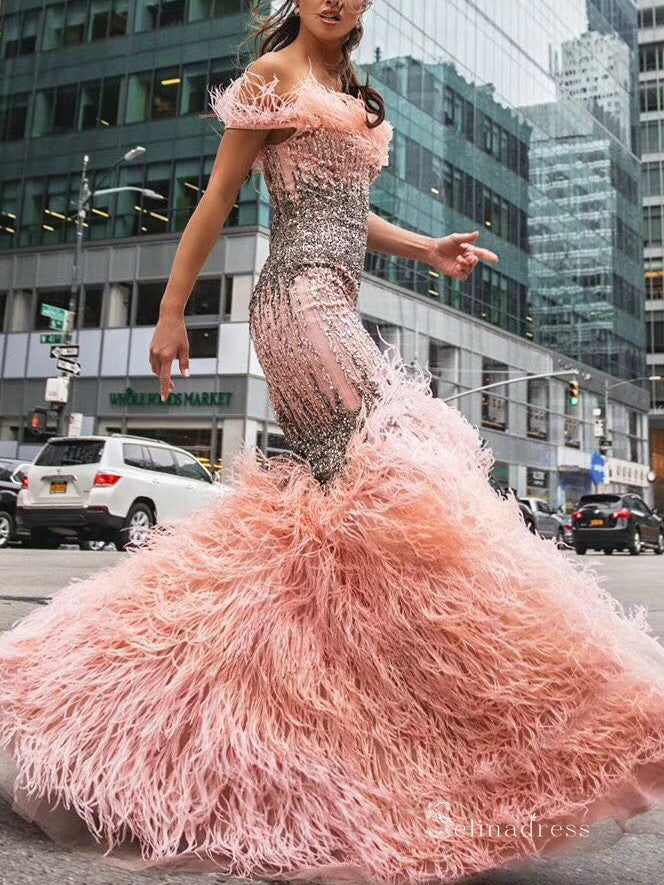 Selinadress Dubai Luxury Pink Prom Dress With Feather Tassels Evening Formal Gown SC0107 Selinadress Dubai Luxury Pink Prom Dress With Feather Tassels Evening Formal Gown SC0107