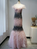 Selinadress Dubai Luxury Pink Prom Dress With Feather Tassels Evening Formal Gown SC0107