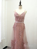 Selinadress Elegant 3d Floral Lace Pink Prom Dress Spaghetti Straps Evening Dress Formal Gown SC0102