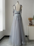 Selinadress Elegant A-line Spaghetti Straps Silver Prom Dress Formal Evening Gowns SC076