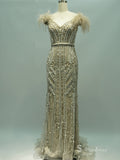 Selinadress Elegant Mermaid V neck Feather Luxury Prom Dress Formal Evening Gowns SC073