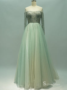 Selinadress Green Long Sleeve Luxury Prom Dress Formal Evening Gowns SC062