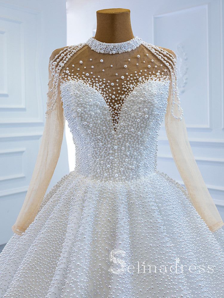 Selinadress High Neck Long Sleeve Beaded Wedding Dress White Luxury Ba SELINADRESS Selinadress High Neck Long Sleeve Beaded Wedding Dress White Luxury Ba SELINADRESS