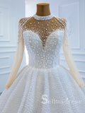 Selinadress High Neck Long Sleeve Beaded Wedding Dress White Luxury Ball Gown Bridal Gowns SPL67198|Selinadress
