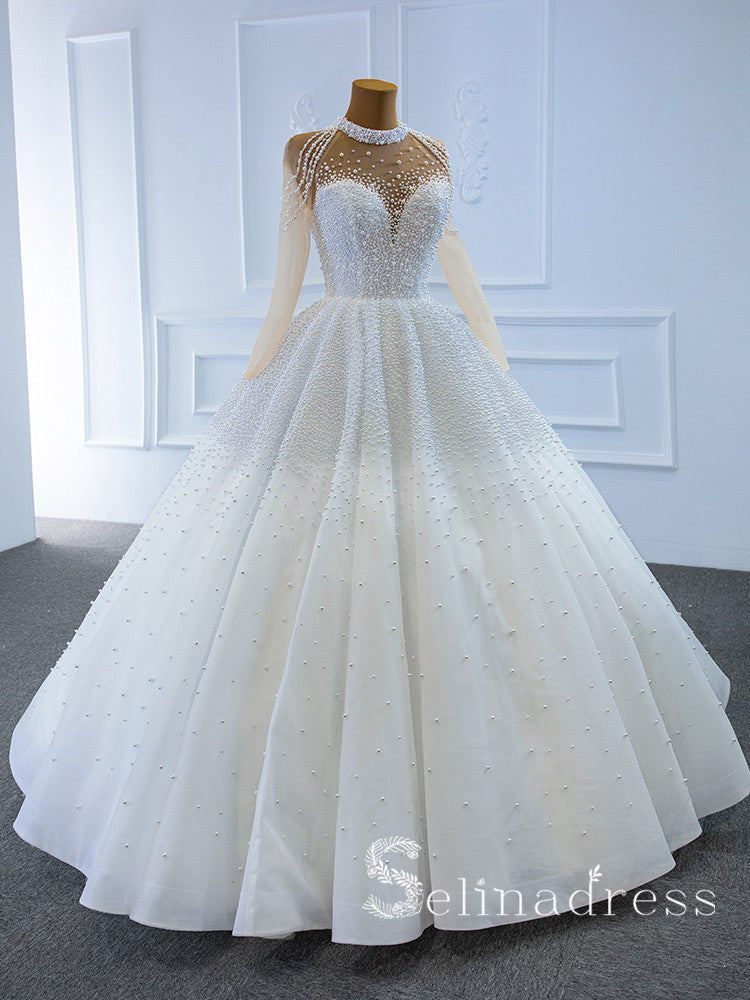 Selinadress High Neck Long Sleeve Beaded Wedding Dress White Luxury Ba SELINADRESS Selinadress High Neck Long Sleeve Beaded Wedding Dress White Luxury Ba SELINADRESS