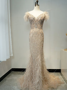 Selinadress Luxury V neck Prom Dress Elegant Feather Tassel Evening Dress Formal Gown SC099
