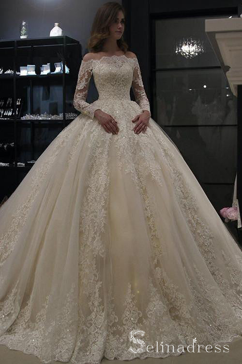 Off-the-shoulder Wedding Dresses Ball Gown Applique Lace Bridal Dress SEW061