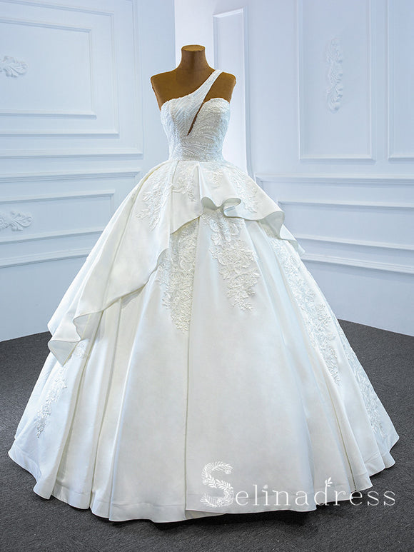 Selinadress One Shoulder Sleeveless Applique Wedding Dress Unique White Ball Gown Bridal Gowns SPL67207|Selinadress