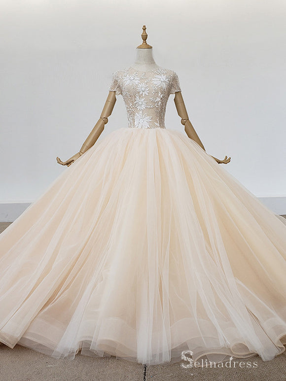 Selinadress Scoop Dream luxury Champagne Wedding Dress Short Sleeve Wedding Gowns SDW010